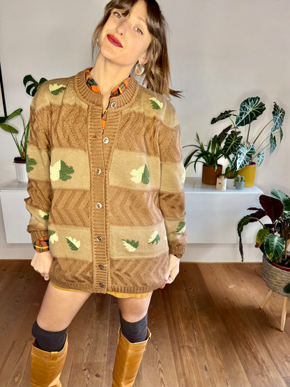 1970's vintage oversize tan trip knit cardigan with green leaf knit pattern