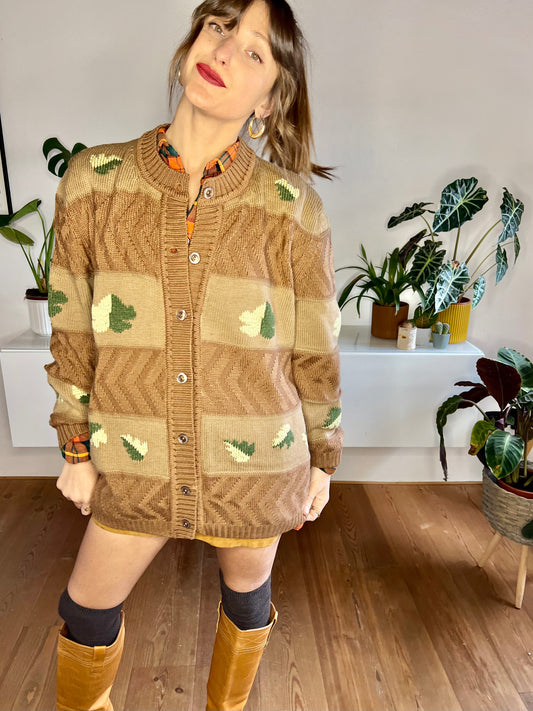 1970's vintage oversize tan trip knit cardigan with green leaf knit pattern