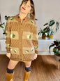 1970's vintage oversize tan trip knit cardigan with green leaf knit pattern