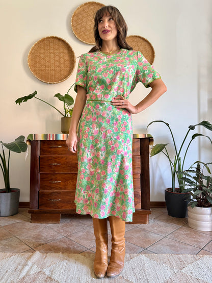 1960’s vintage semi sheer green, pink and white textured floral print midi dress