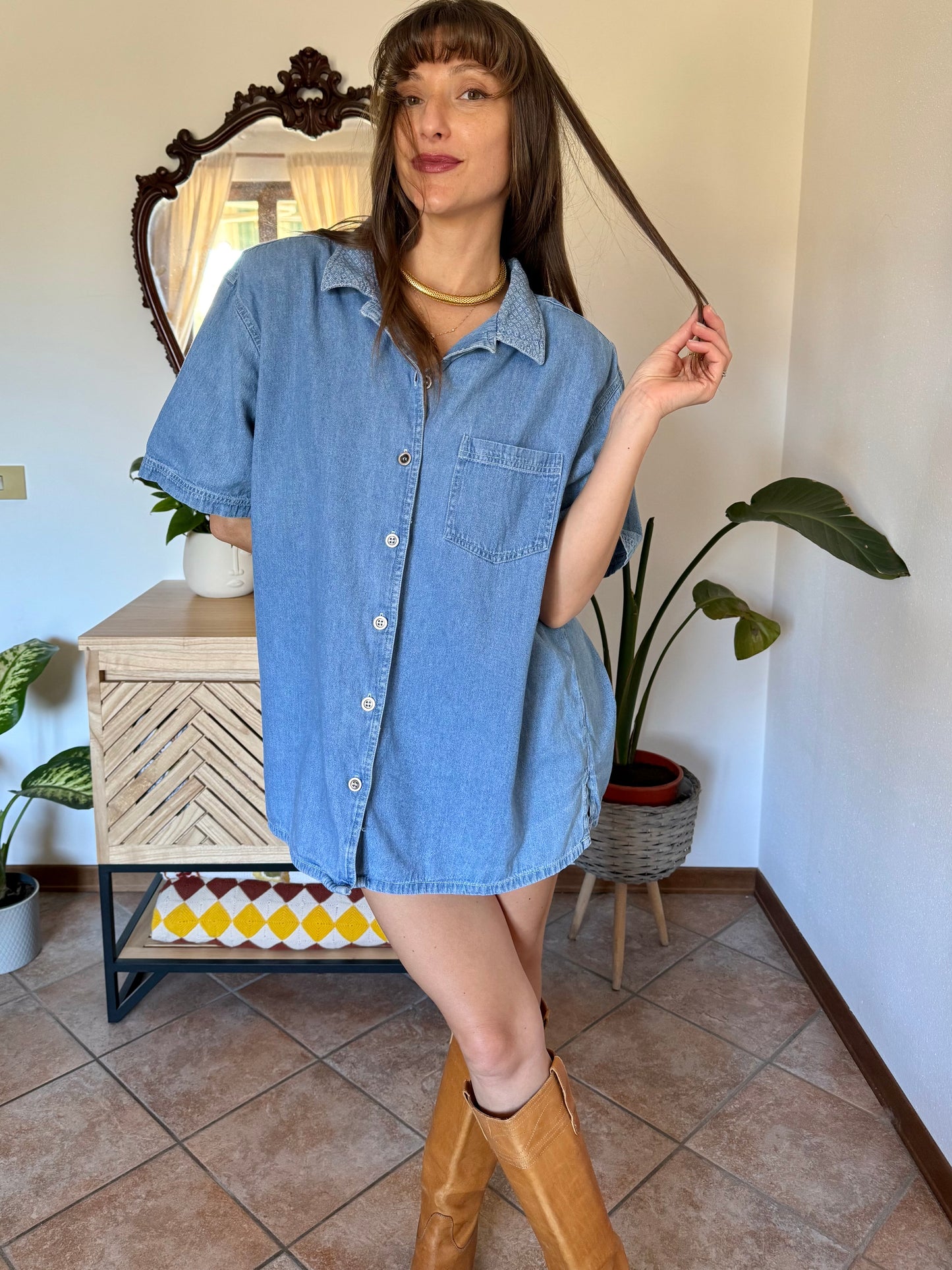 1990’s vintage light was denim shirt with geometric woven collar detailing