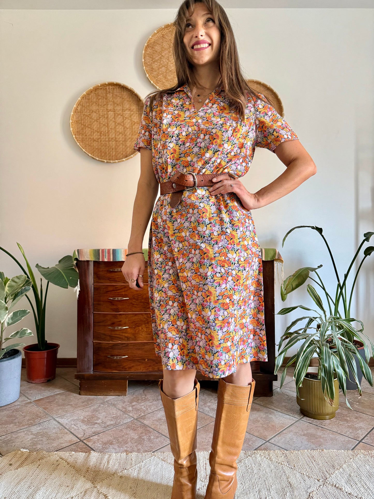 1960’s vintage multicolor pastel micro floral print midi dress