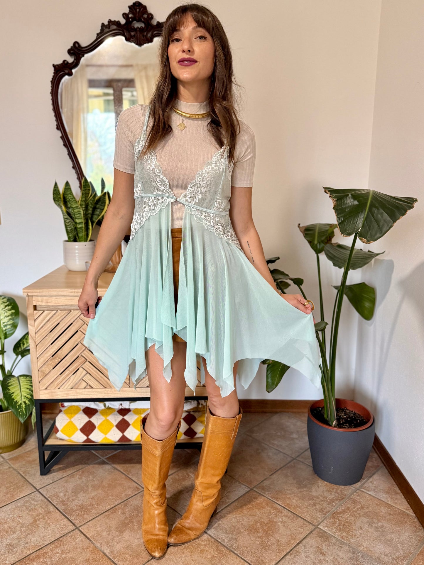 Y2K vintage asymmetrical light turquoise and lace slip