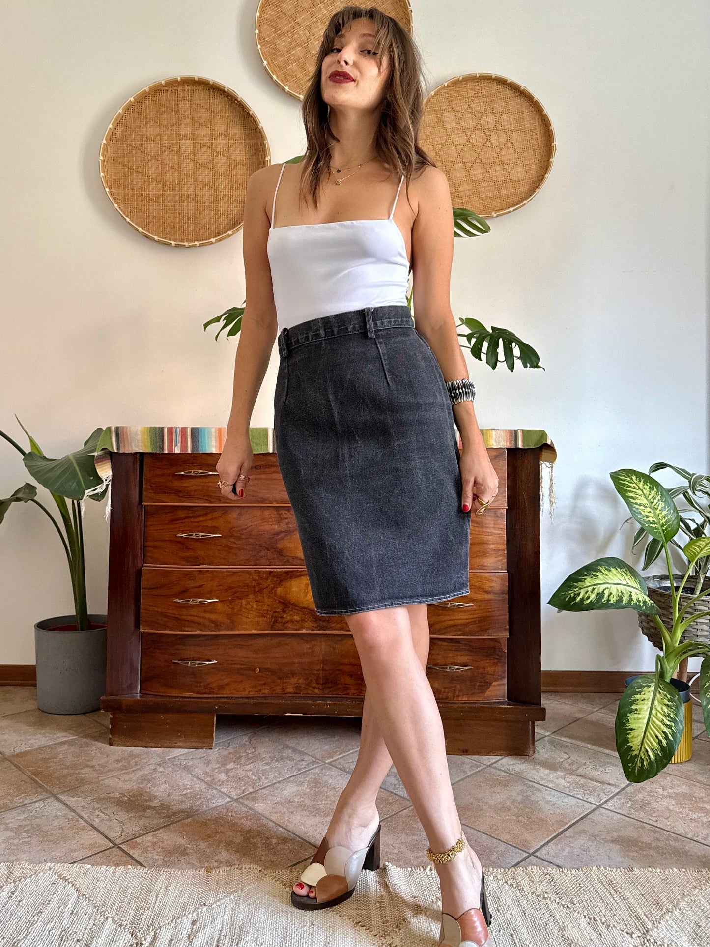 1970’s vintage black denim midi skirt