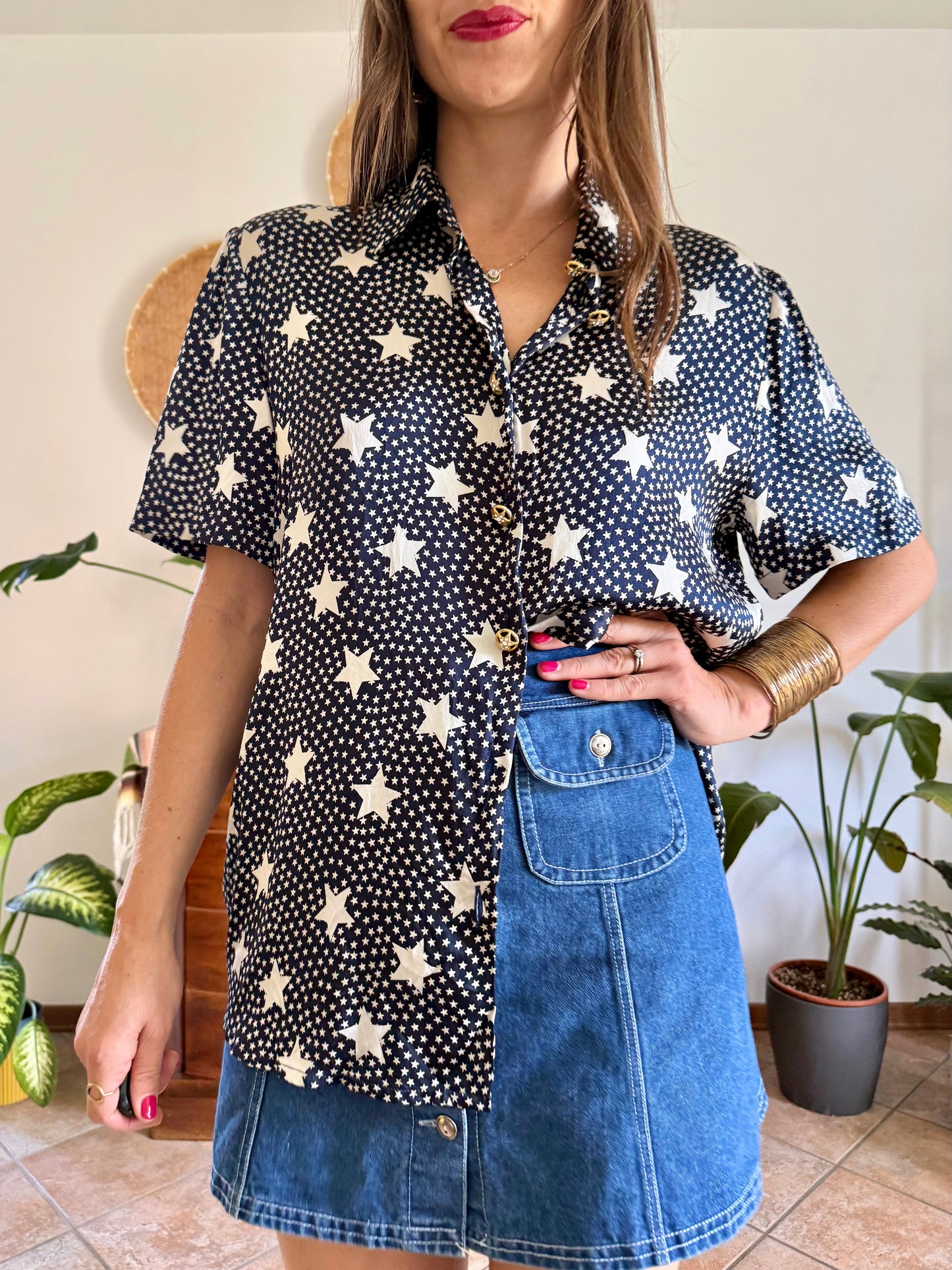 1970’s vintage navy blue silk blouse with star print and rhinestone star buttons