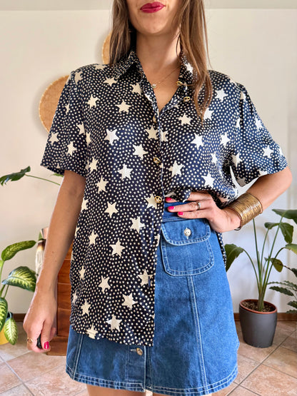 1970’s vintage navy blue silk blouse with star print and rhinestone star buttons