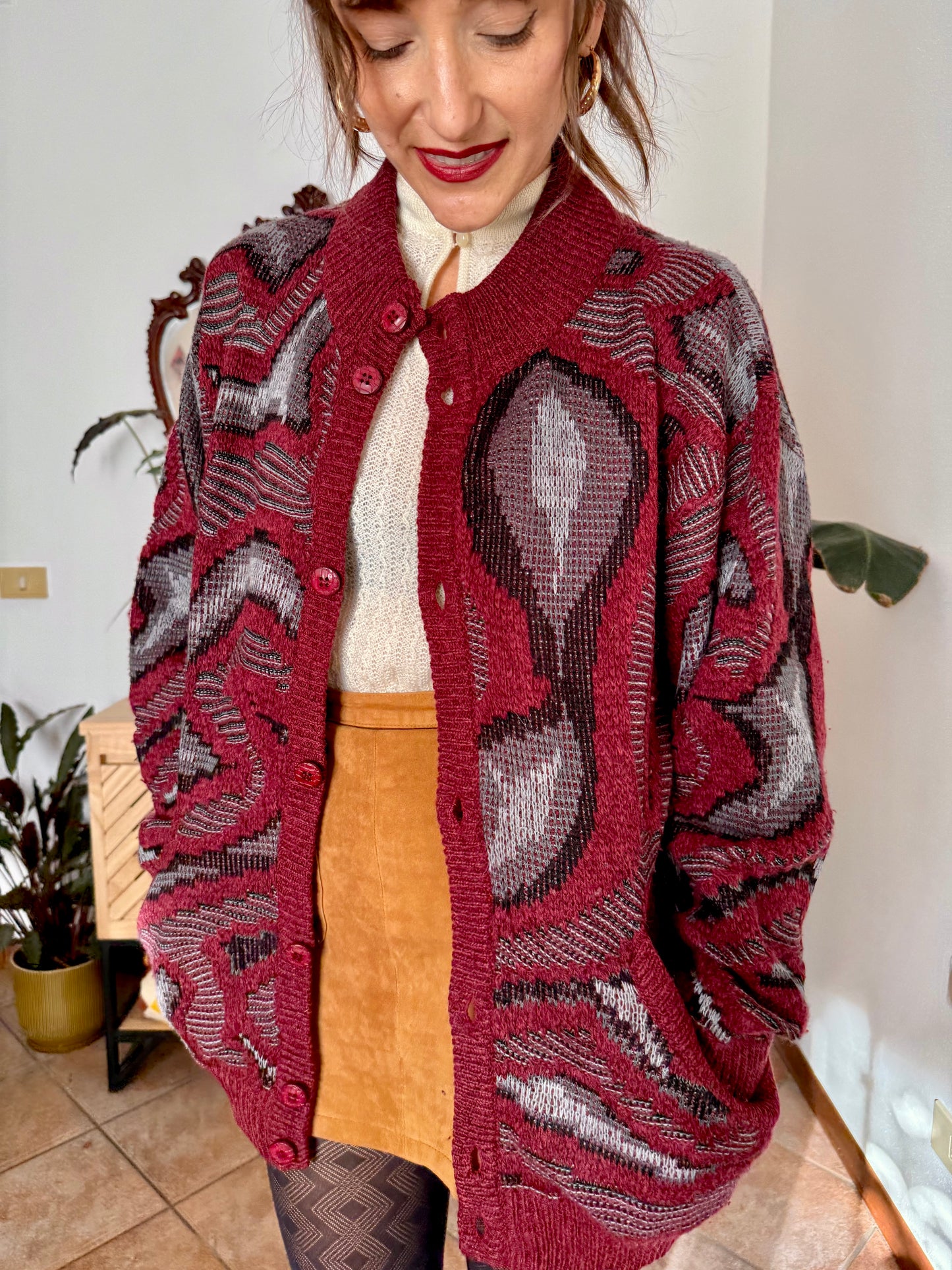 1970’s vintage burgundy, grey and black knit dress