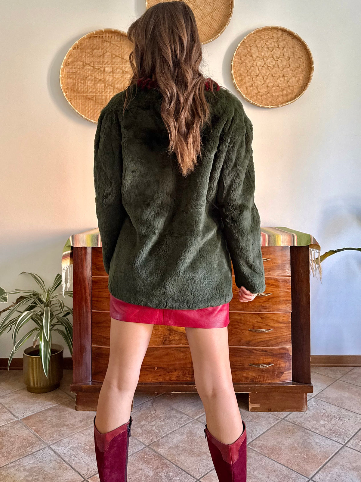 1970's vintage dark green and burgundy fur textured pullover