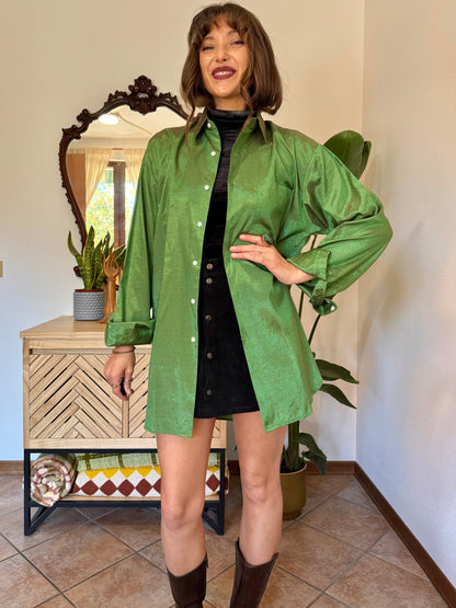 1970’s vintage oversize green and brown iridescent silk blouse