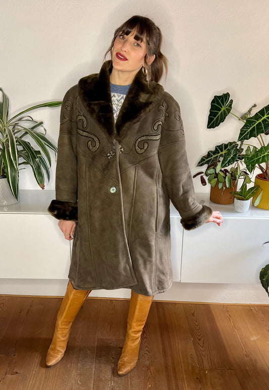 1970's vintage brown embroidered shearling coat