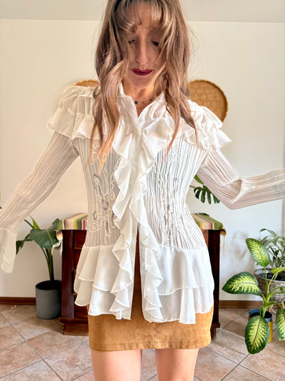 1990’s vintage sheer white silk blend textured ruffle blouse with bell sleeves and floral embroider