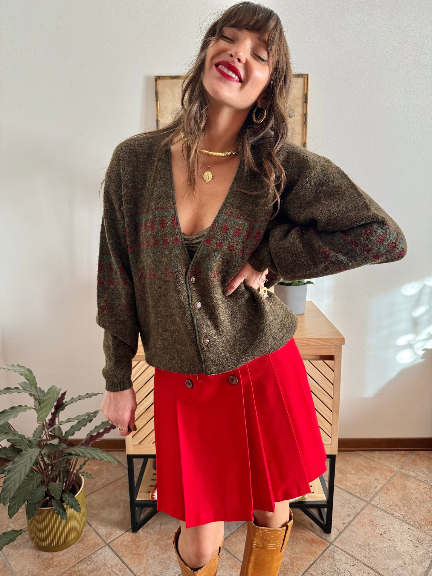 1990’s vintage green, red and khaki geometric knit wool and alpaca blend cardigan