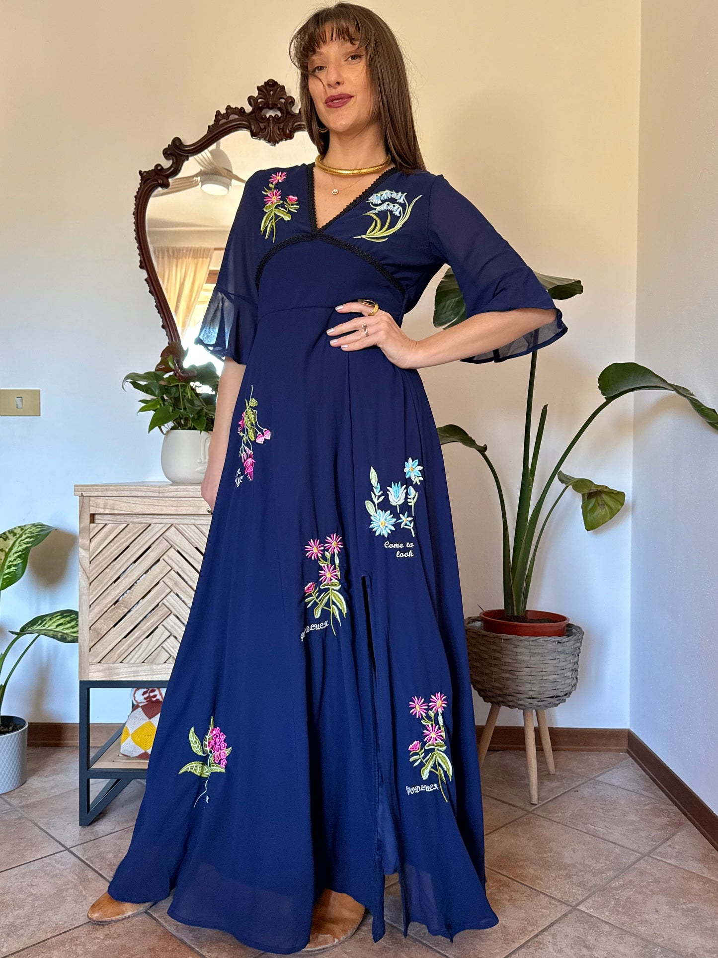 Y2k vintage navy blue belle sleeve maxi dress with floral embroidery
