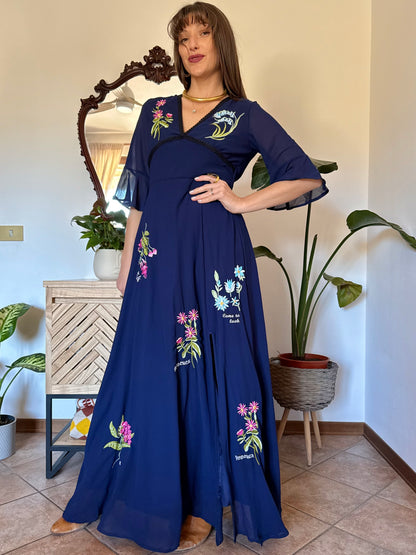 Y2k vintage navy blue belle sleeve maxi dress with floral embroidery