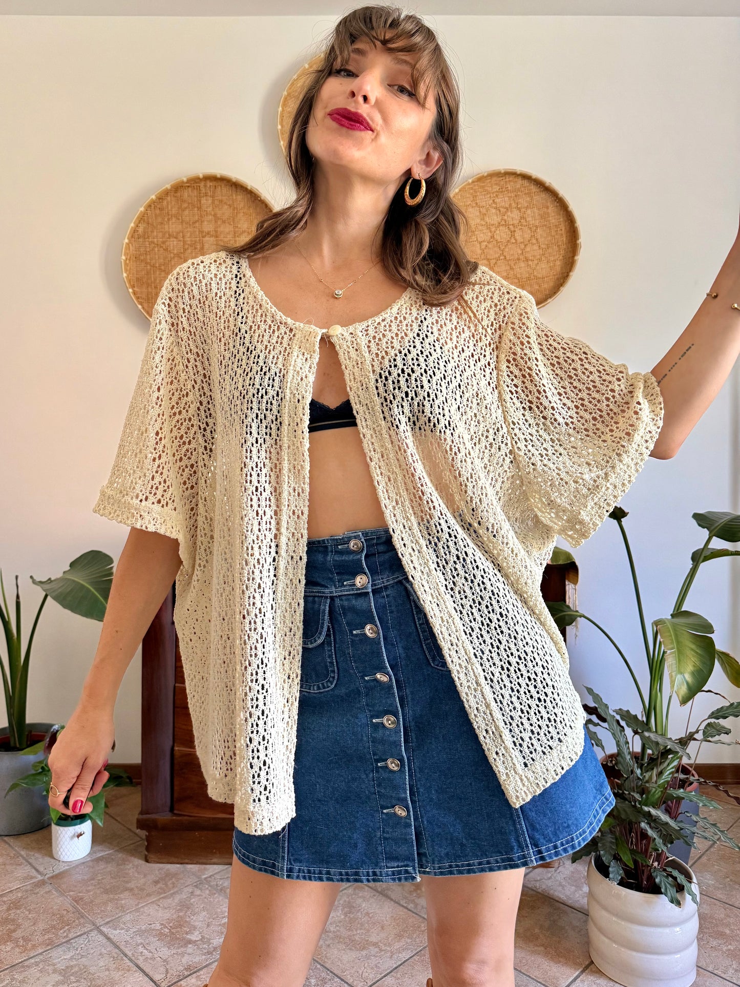 1970’s vintage oversize cream crocheted blouse