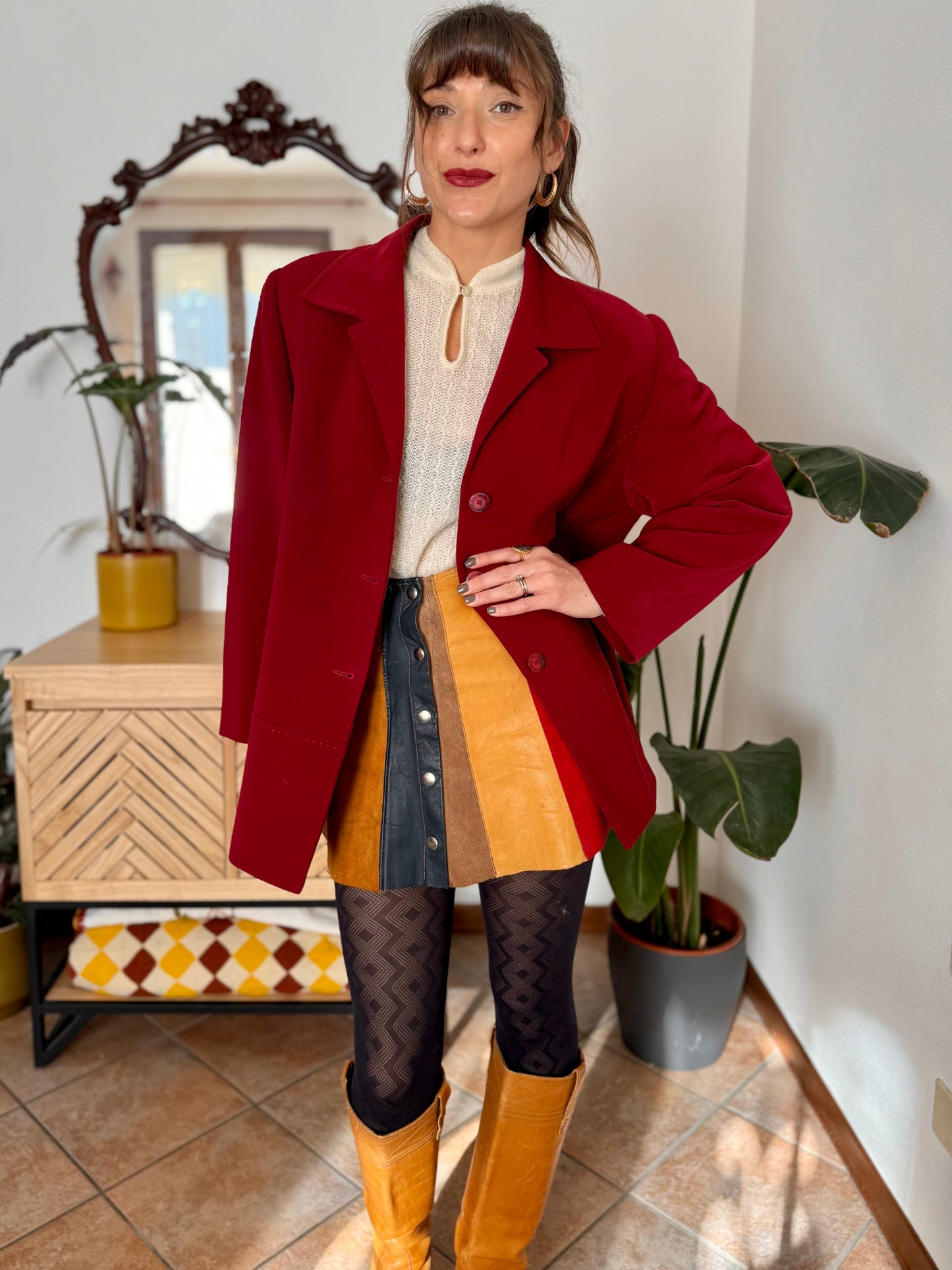 1970’s vintage oversize dark cherry red blazer with stitched detailing
