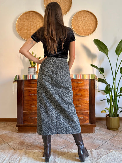 1970’s vintage dark grey animal print denim midi skirt