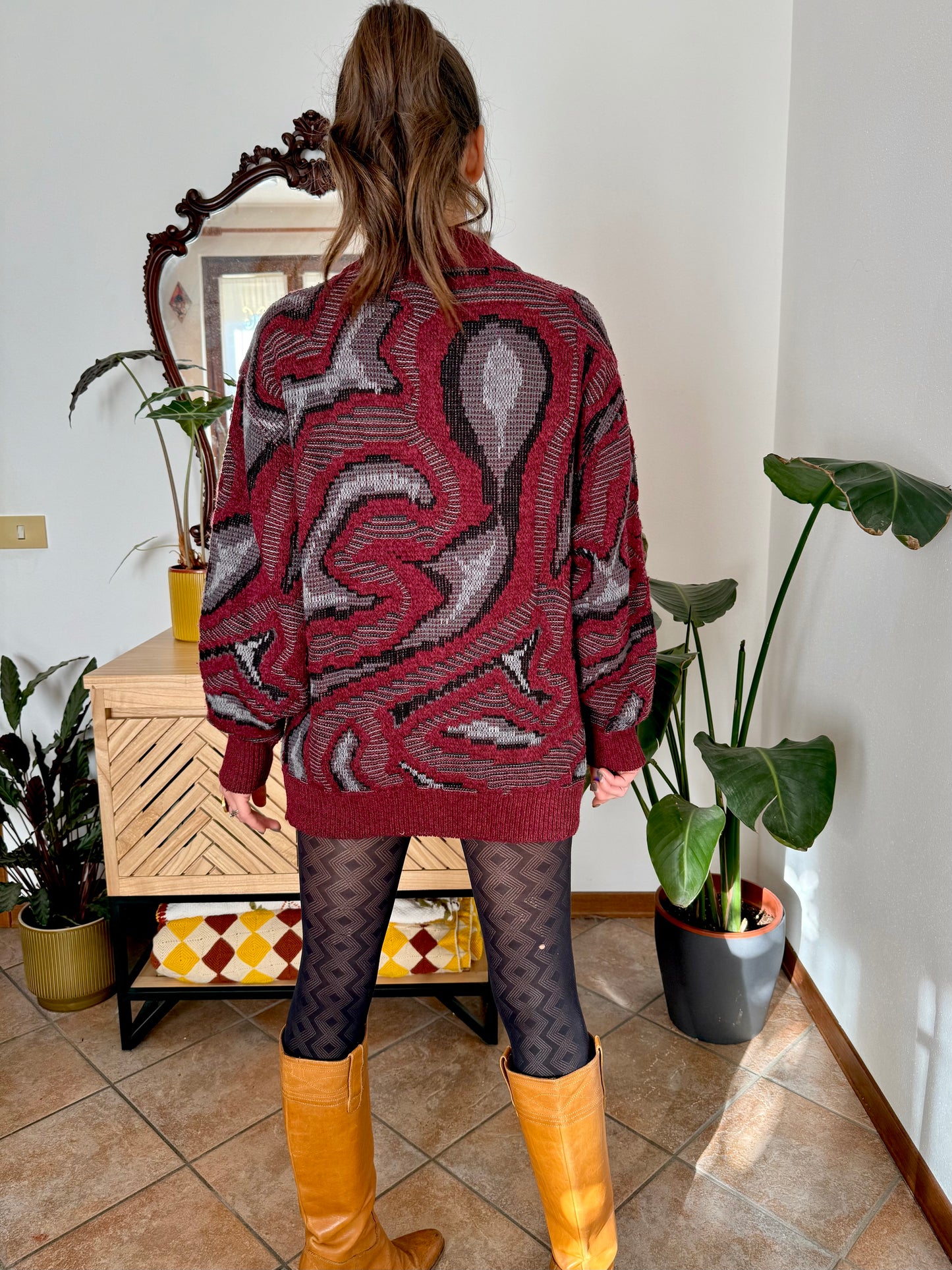 1970’s vintage burgundy, grey and black knit dress