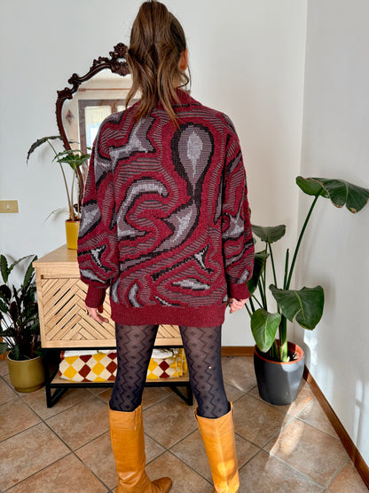 1970’s vintage burgundy, grey and black knit dress