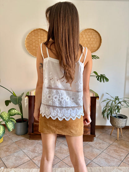 1970's vintage white crocheted and embroidered floral cotton top