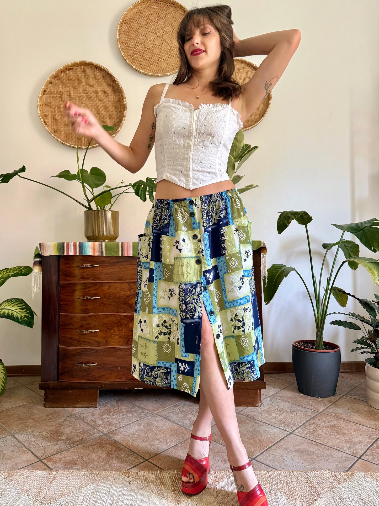 1990’s vintage navy, blue and green textured floral patchwork print midi skirt