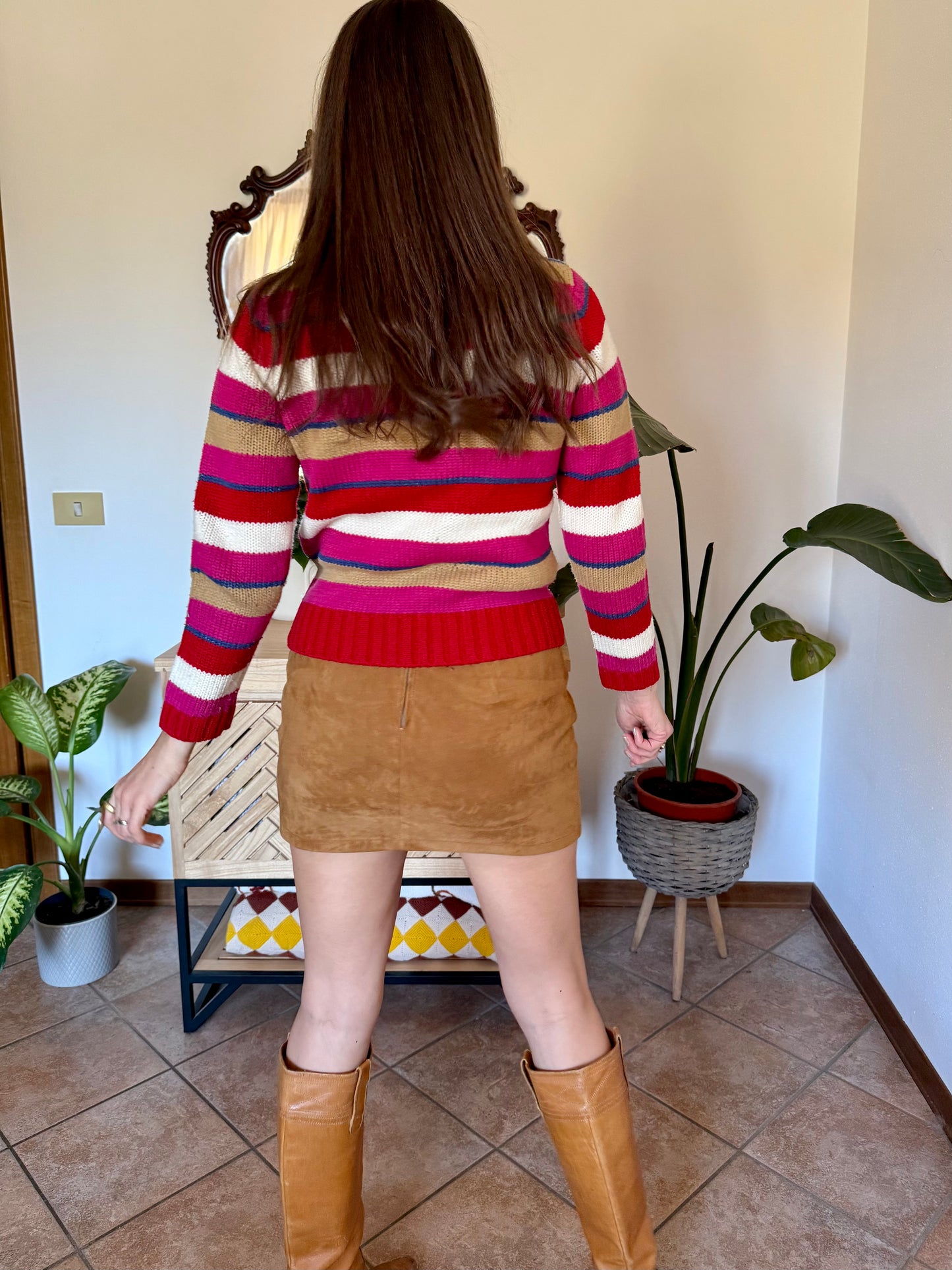 1990's vintage red, pink and blue stripe zip up wool knit cardigan