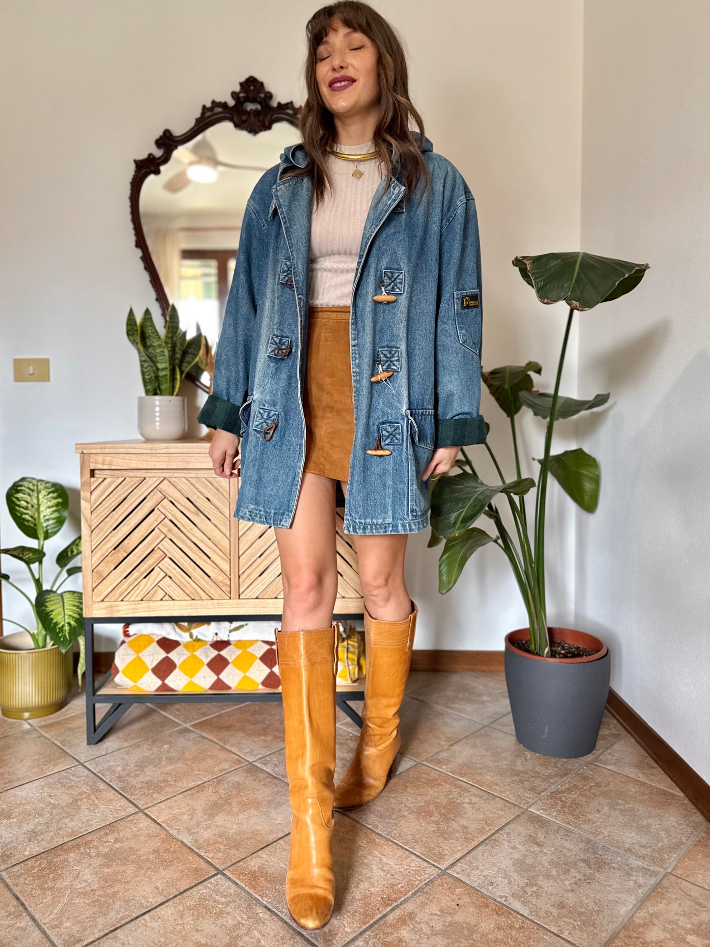1990’s vintage denim duffle coat with green and navy plaid lining