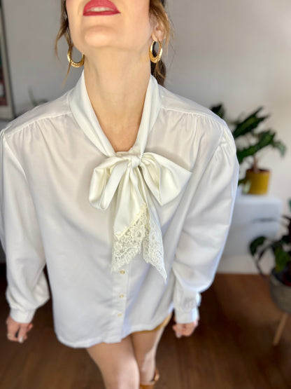 1970's vintage cream bow tie blouse with lace trim