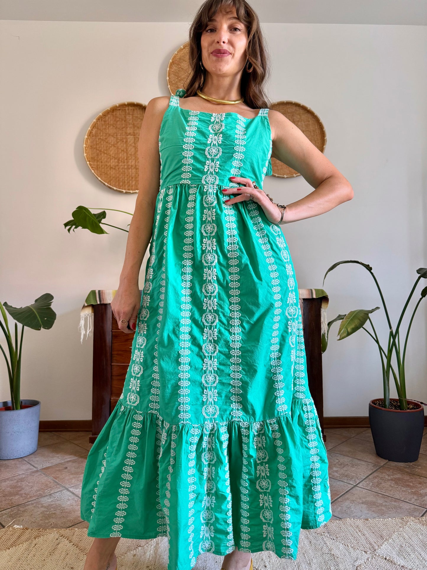 Y2K vintage green prairie maxi dress with white floral embroidery