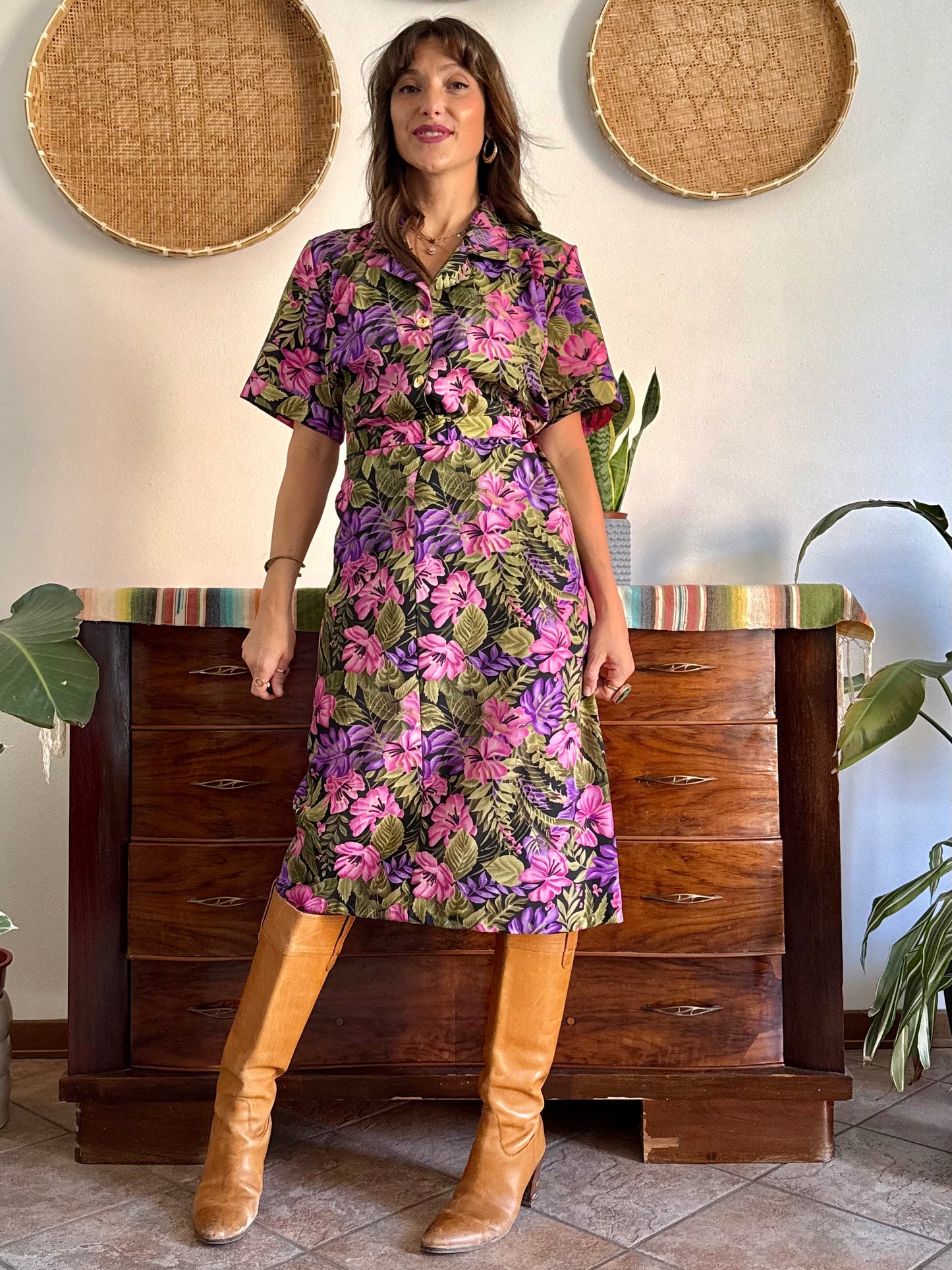 1960’s vintage, pink purple and green floral midi dress with matching belt