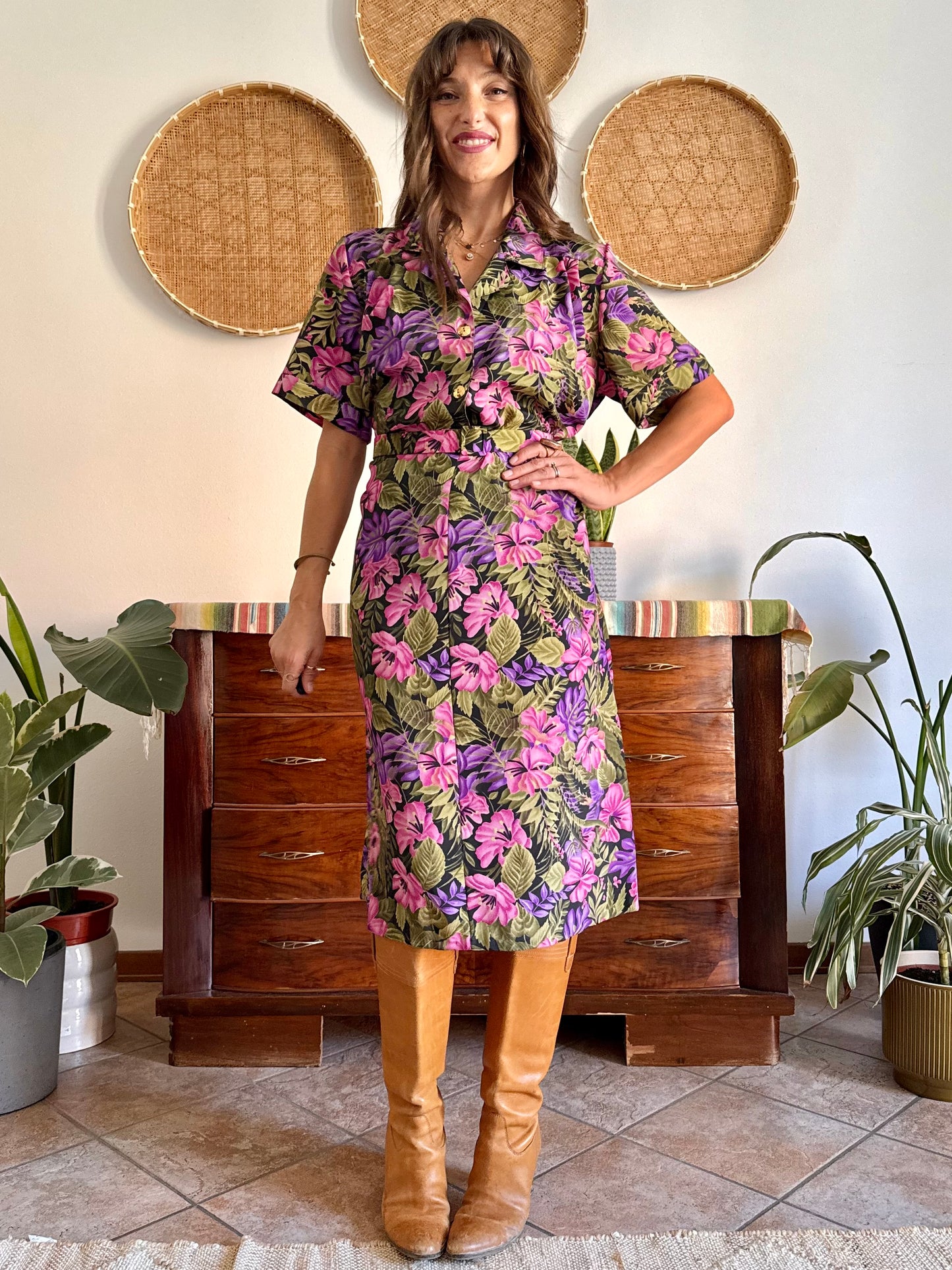 1960’s vintage, pink purple and green floral midi dress with matching belt