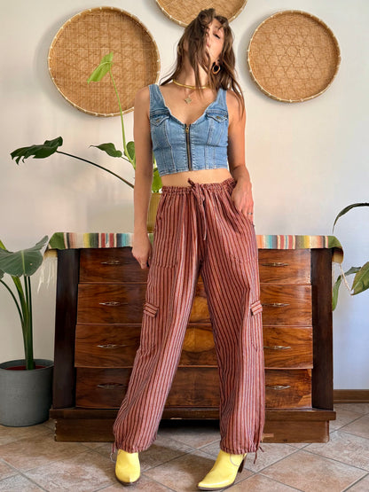1990’s vintage chocolate brown and pink stripe woven wide leg trousers