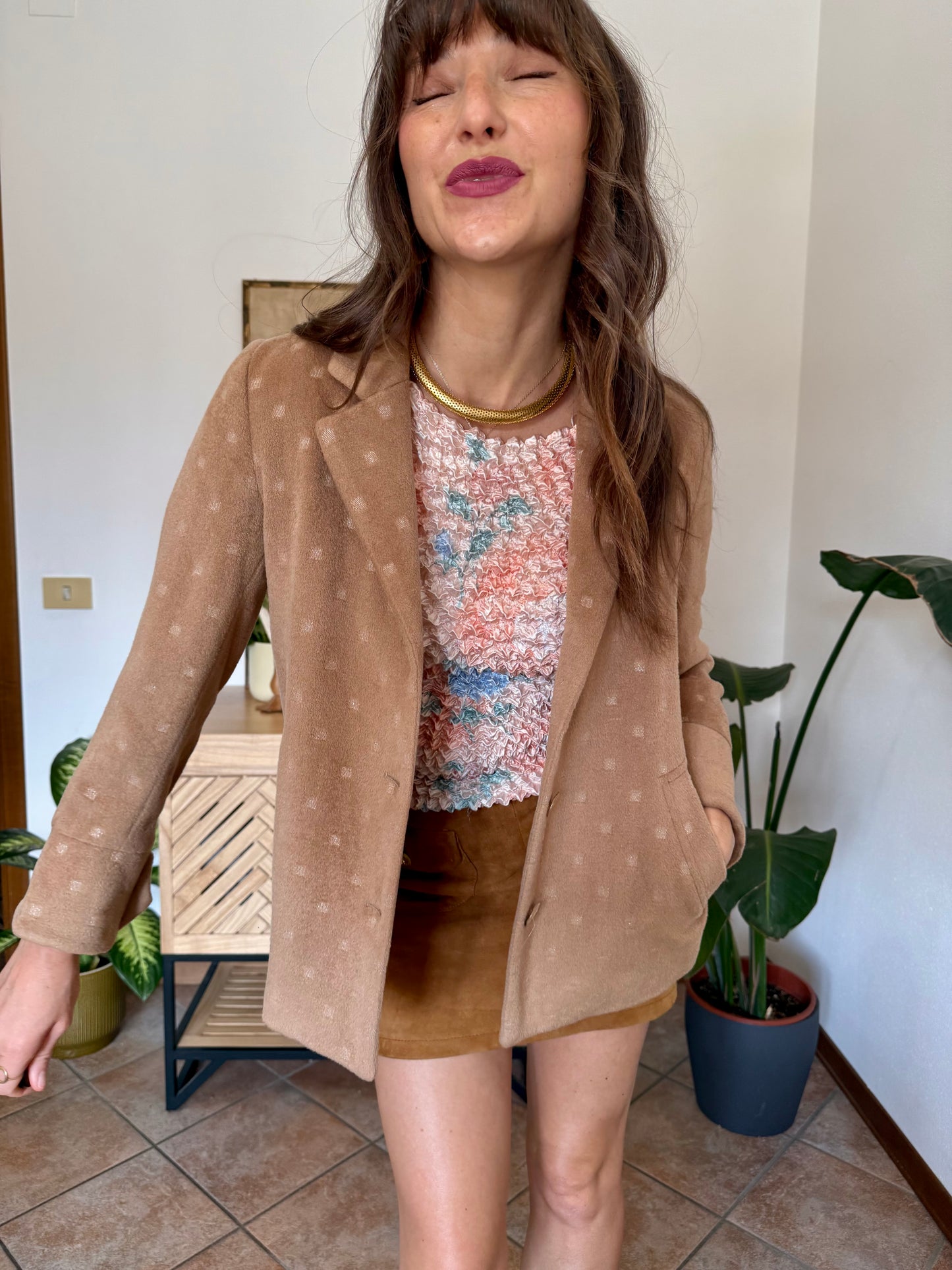 1990’s vintage tan cashmere jacket with metallic square woven pattern