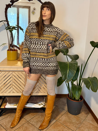 1970's vintage chocolate brown and mustard yellow geometric knit wool pullover
