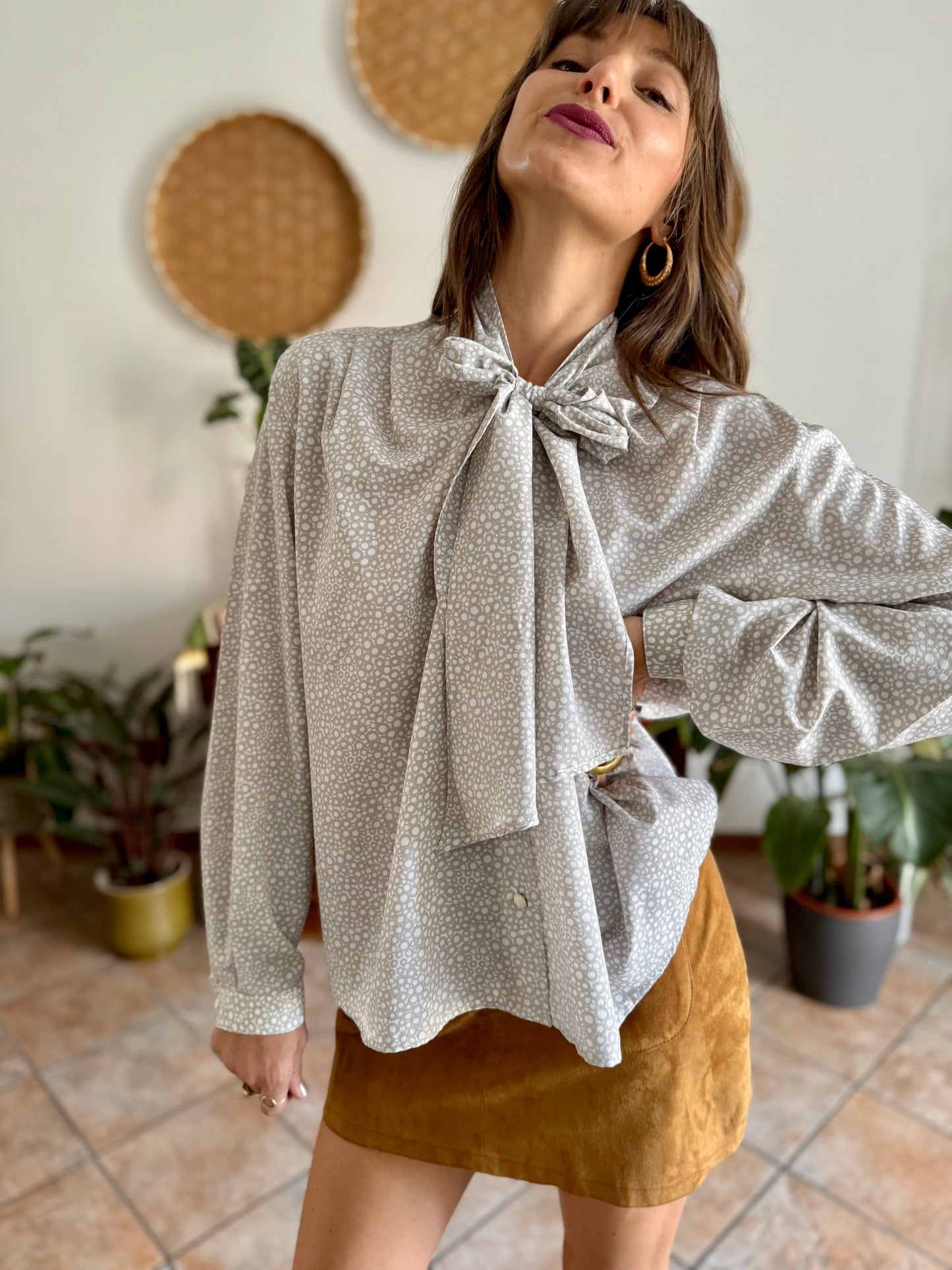 1970's vintage grey and white polkadot bow tie blouse