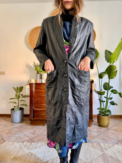 1990’s vintage butter soft black leather trench coat with lapel detail