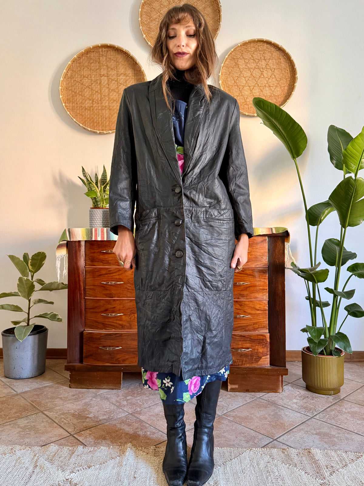 1990’s vintage butter soft black leather trench coat with lapel detail