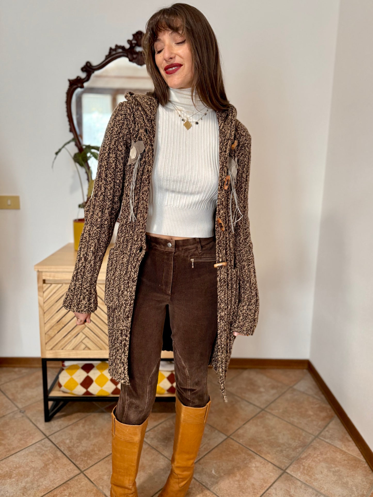 Y2K vintage chocolate brown and tan knit duster cardigan with suede flower details