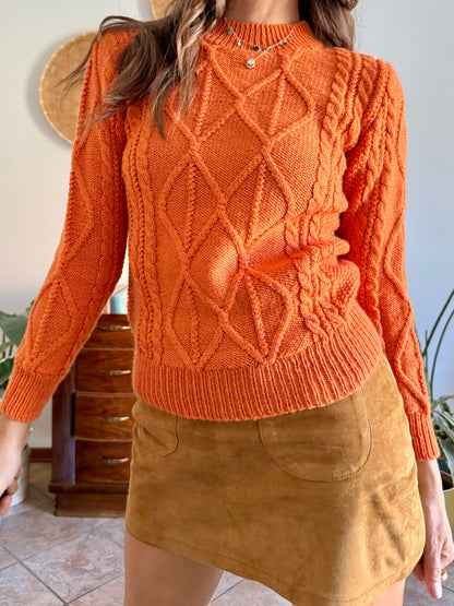 1970's vintage orange wool mock neck cable knit pullover