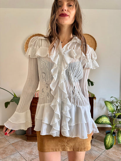 1990’s vintage sheer white silk blend textured ruffle blouse with bell sleeves and floral embroider
