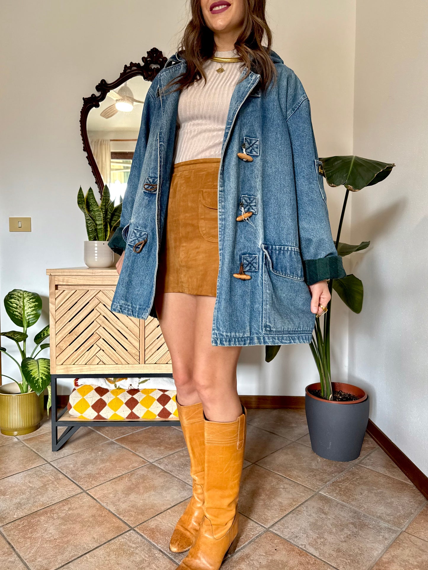 1990’s vintage denim duffle coat with green and navy plaid lining