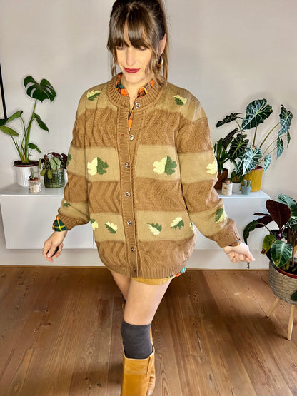 1970's vintage oversize tan trip knit cardigan with green leaf knit pattern