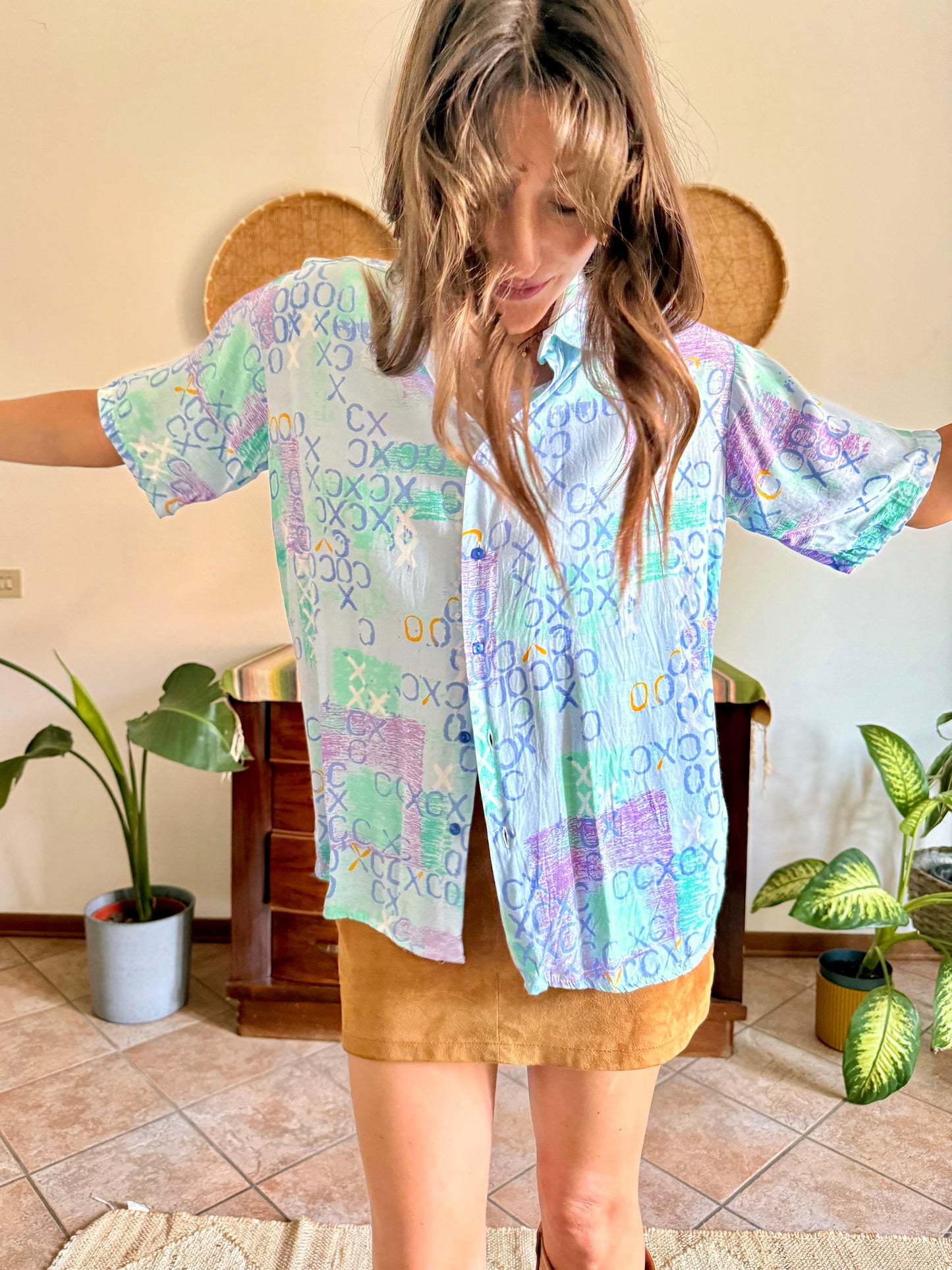 1990’s vintage lilac, turquoise and light blue geometric print blouse