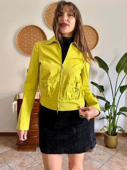 Y2K vintage chartreuse jacket with silver metal details