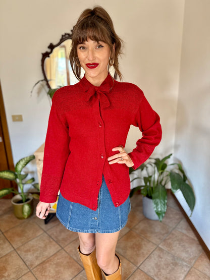 1960’s vintage cherry red hand knit wool cardigan with bow detail