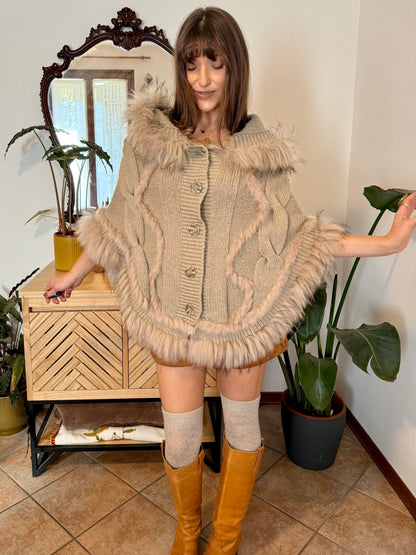 1970's vintage beige knit mohair poncho with fur trimming