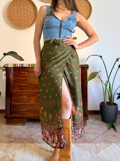 1990's vintage olive green, brown and dark orange floral wrap maxi skirt