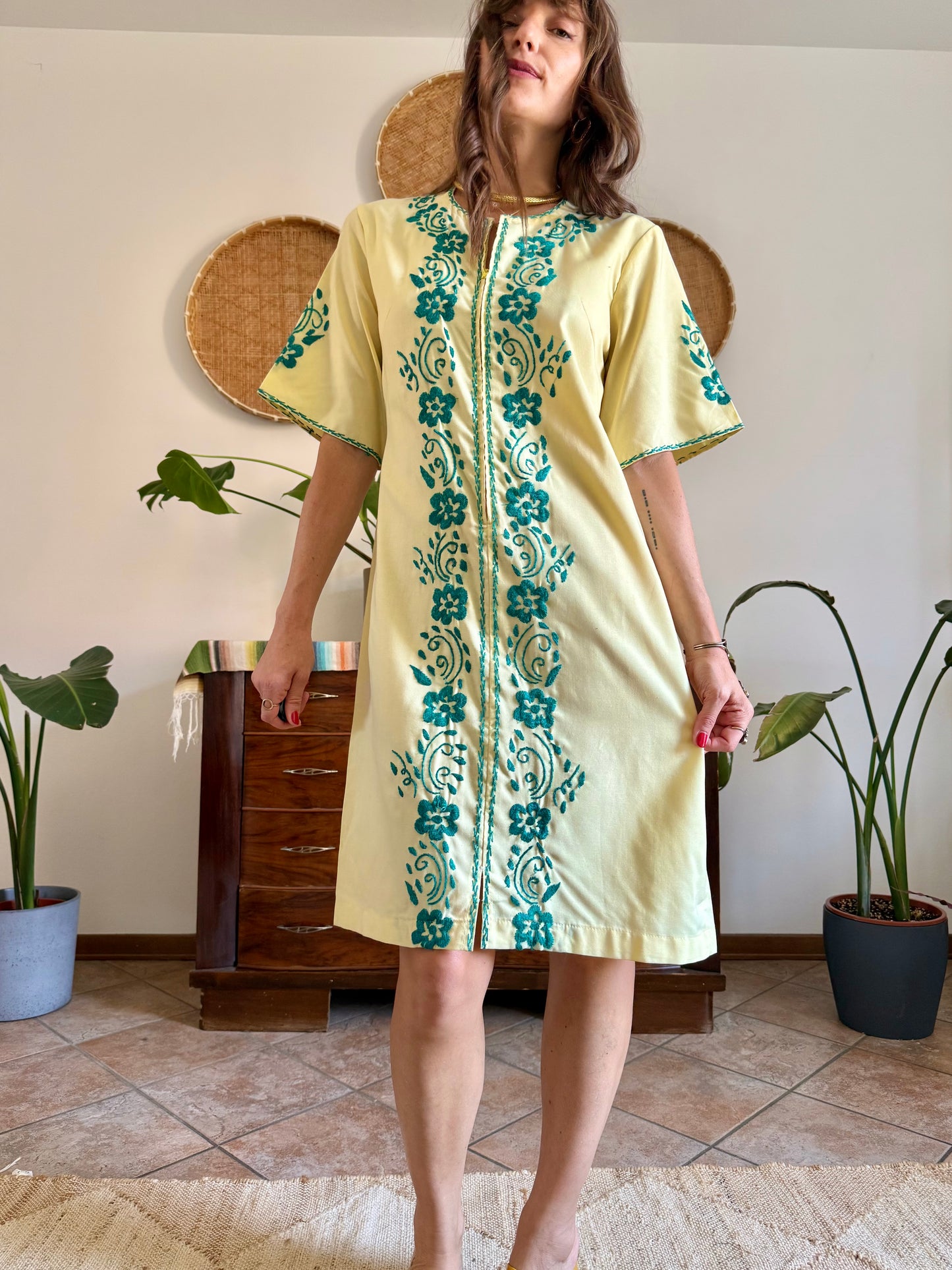 1970's vintage butter yellow cotton midi dress with green floral embroidery