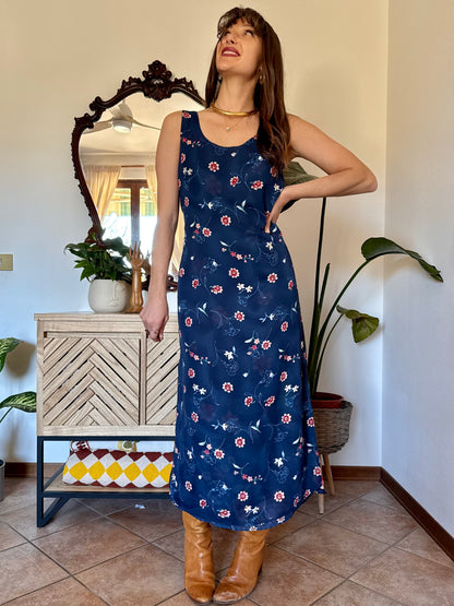 1990's vintage reversible navy blue floral print maxi dress