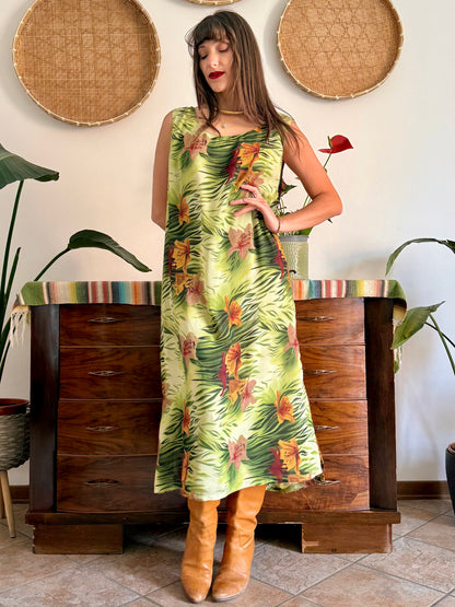 1990's vintage green and burgundy safari print maxi dress